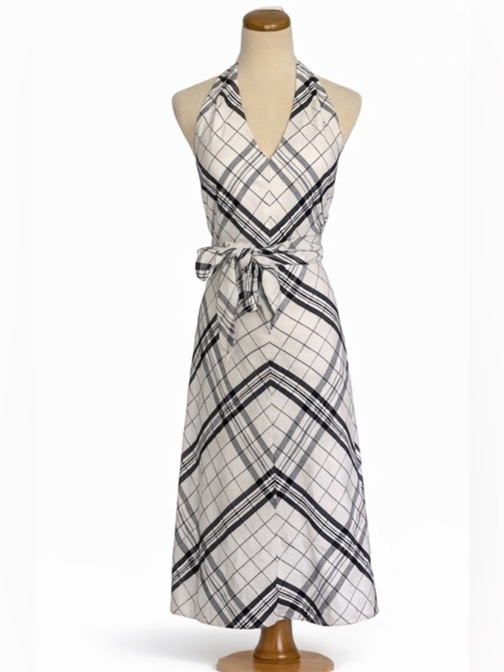 🆕 [Liz Claiborne] White Plaid Halter Linen Blend Dress Sz 4 NWT Summer Midi